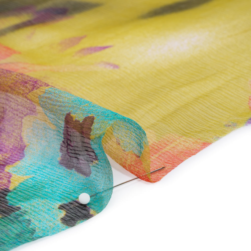 Crinkled Silk Chiffon Print - Yellow, Red and Purple Abstracted Floral - Deadstock - Detail