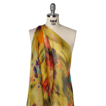 Crinkled Silk Chiffon Print - Yellow, Red and Purple Abstracted Floral - Deadstock