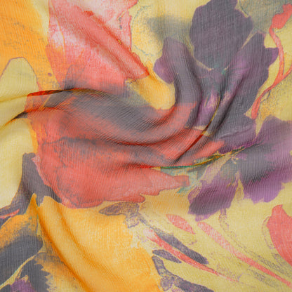 Crinkled Silk Chiffon Print - Yellow, Red and Purple Abstracted Floral - Deadstock