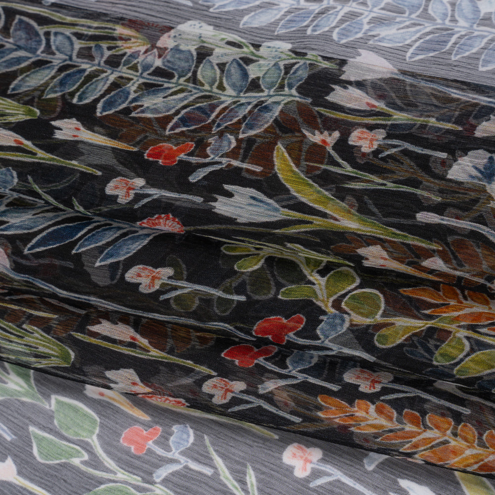 Crinkled Silk Chiffon Print - Blue, Green and Black Plant Cutting Collection - Deadstock - Folded