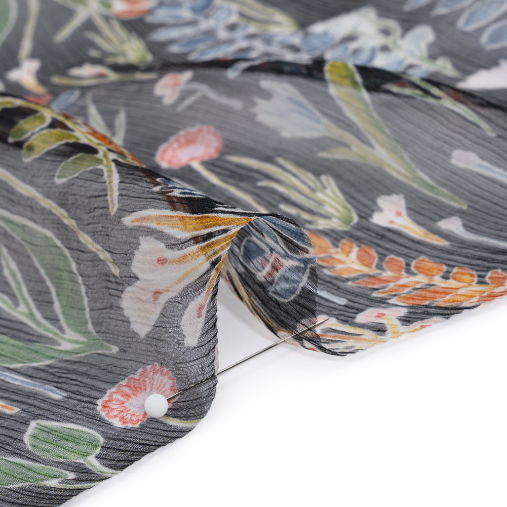 Crinkled Silk Chiffon Print - Blue, Green and Black Plant Cutting Collection - Deadstock - Detail