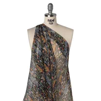 Crinkled Silk Chiffon Print - Blue, Green and Black Plant Cutting Collection - Deadstock