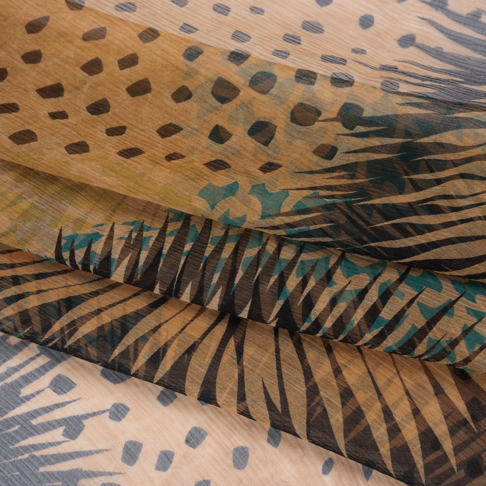 Crinkled Silk Chiffon Print - Warm Beige, Dark Brown and Turquoise Geometric Spots and Flowers - Deadstock - Folded
