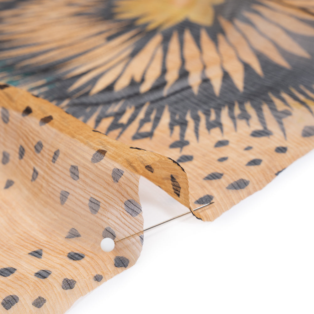 Crinkled Silk Chiffon Print - Warm Beige, Dark Brown and Turquoise Geometric Spots and Flowers - Deadstock - Detail