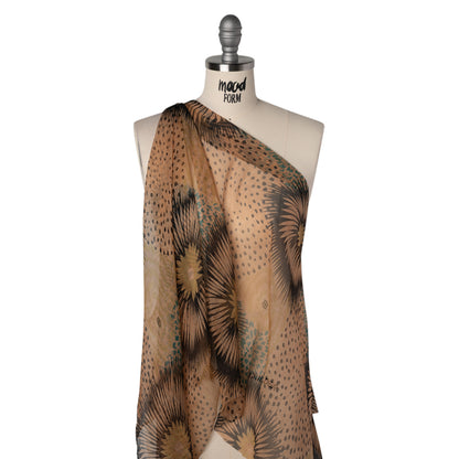 Crinkled Silk Chiffon Print - Warm Beige, Dark Brown and Turquoise Geometric Spots and Flowers - Deadstock