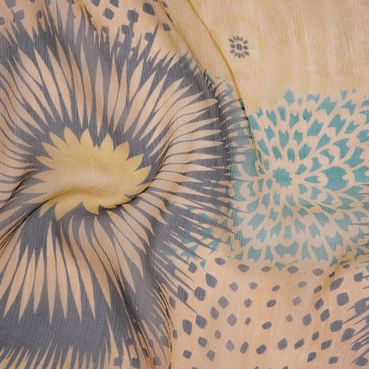Crinkled Silk Chiffon Print - Warm Beige, Dark Brown and Turquoise Geometric Spots and Flowers - Deadstock