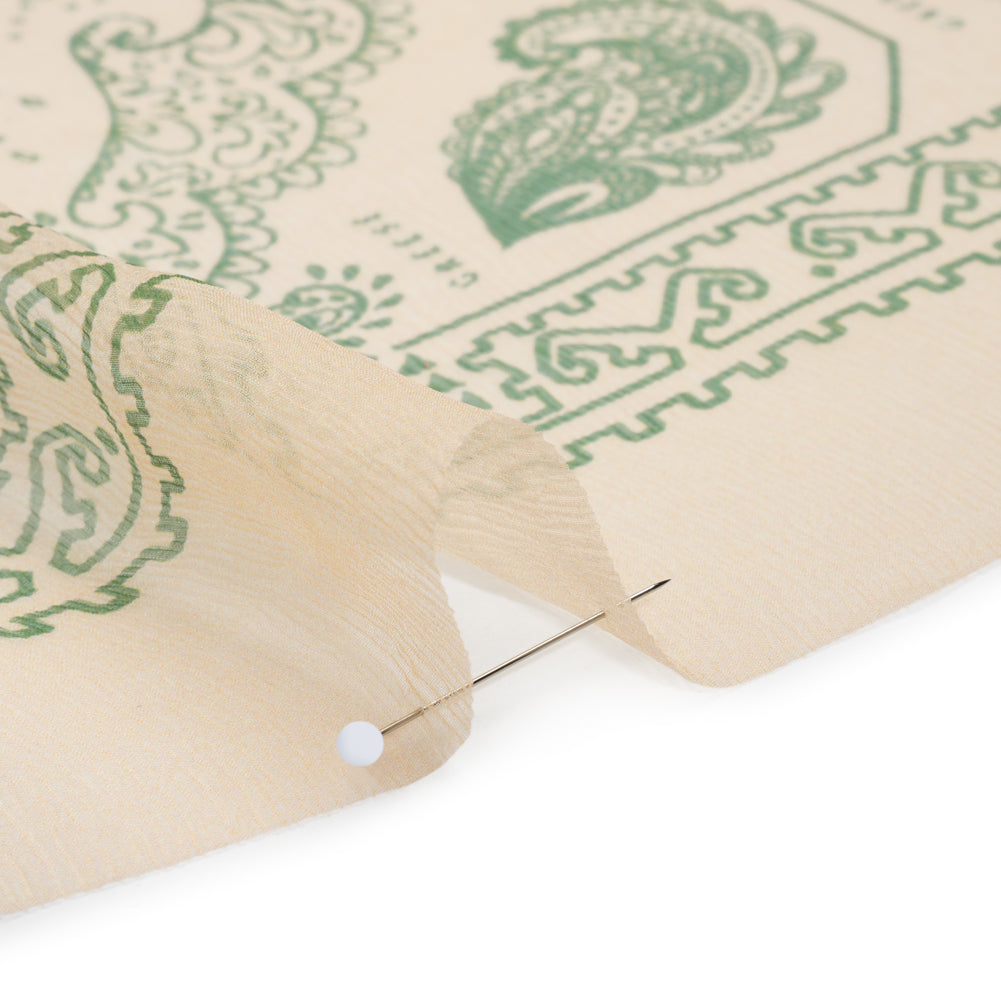 Crinkled Silk Chiffon Panel - Peach and Green Paisley and Geometric Handkerchiefs - Deadstock