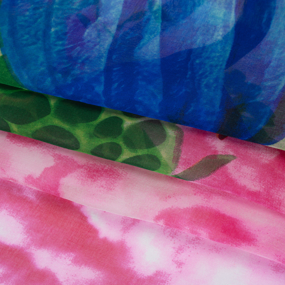 Silk Voile Print - Lime Green, Cobalt Blue and Hot Pink Floral Border and Cloudy Sky - Deadstock - Folded