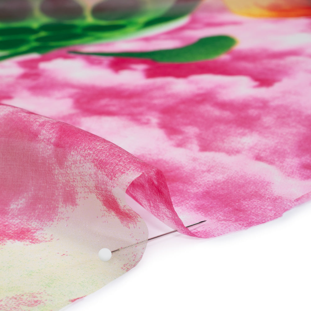 Silk Voile Print - Lime Green, Cobalt Blue and Hot Pink Floral Border and Cloudy Sky - Deadstock - Detail