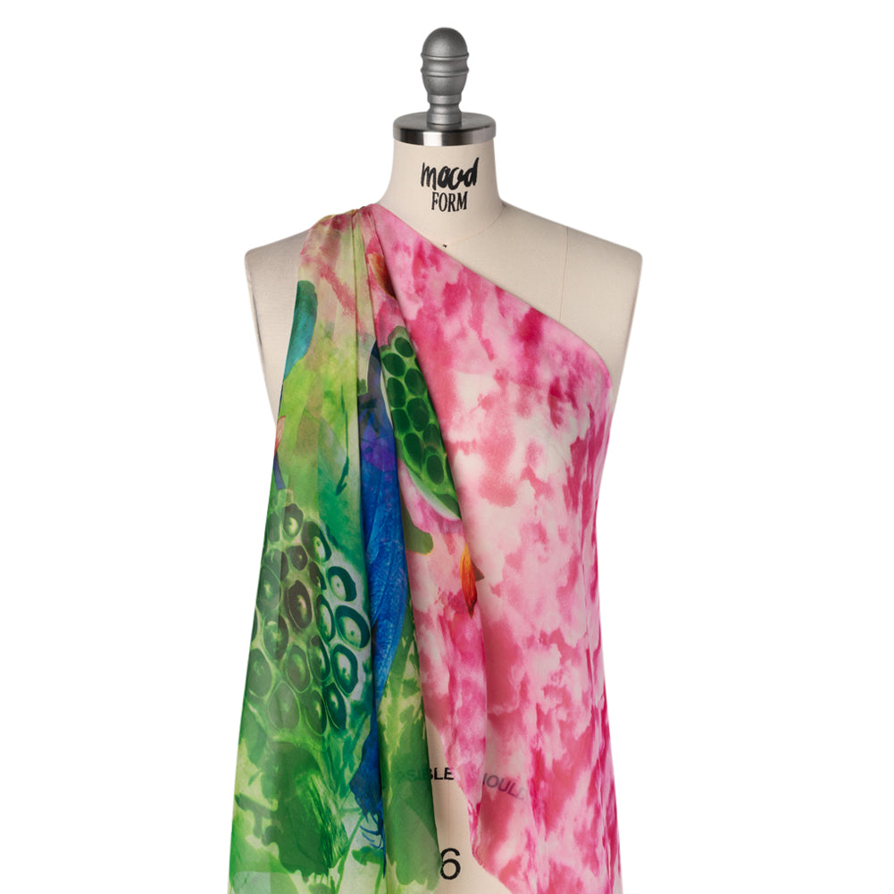 Silk Voile Print - Lime Green, Cobalt Blue and Hot Pink Floral Border and Cloudy Sky - Deadstock - Drape
