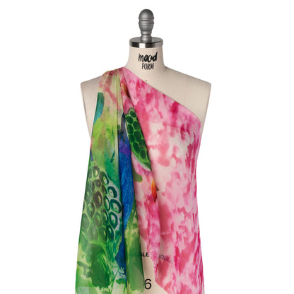 Silk Voile Print - Lime Green, Cobalt Blue and Hot Pink Floral Border and Cloudy Sky - Deadstock