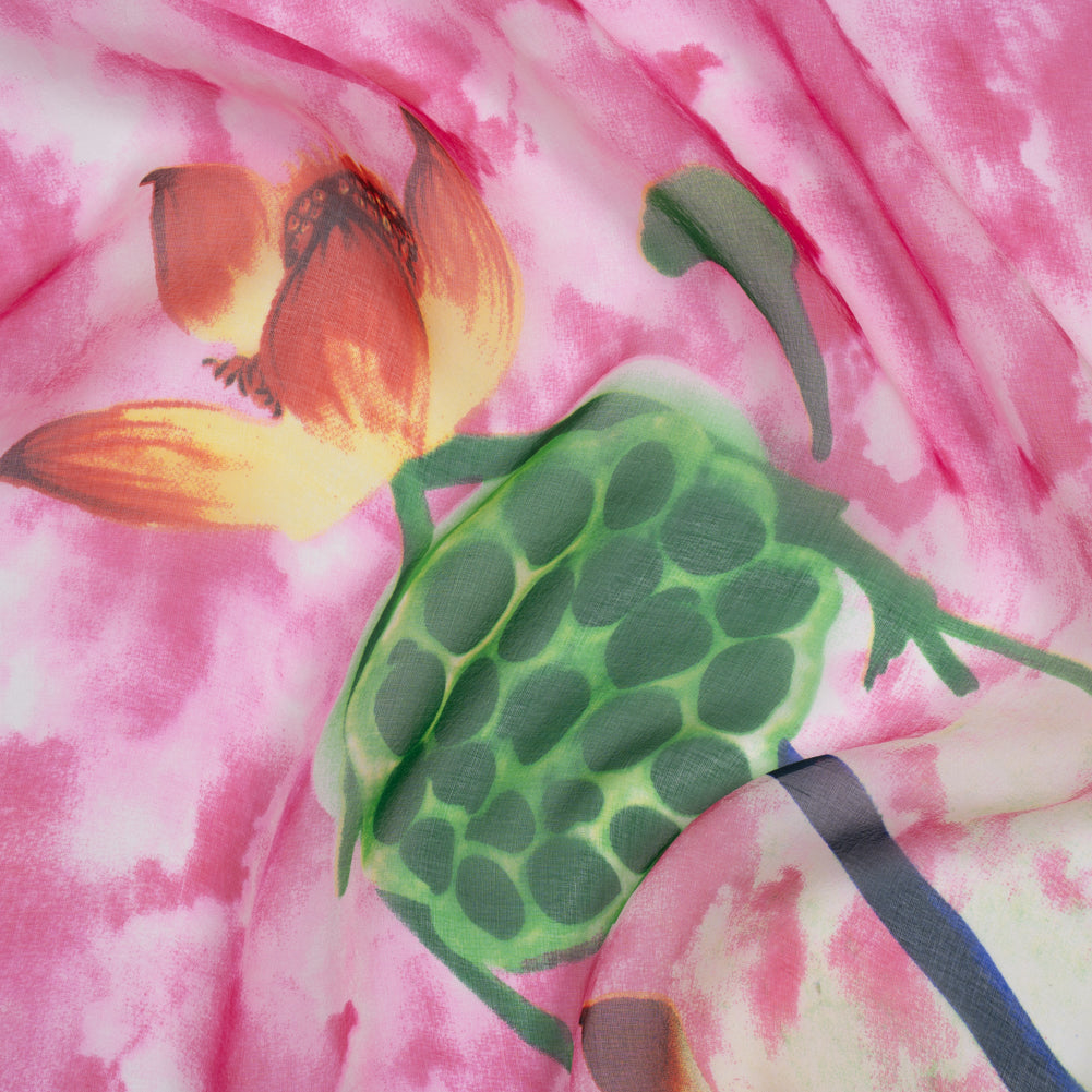 Silk Voile Print - Lime Green, Cobalt Blue and Hot Pink Floral Border and Cloudy Sky - Deadstock