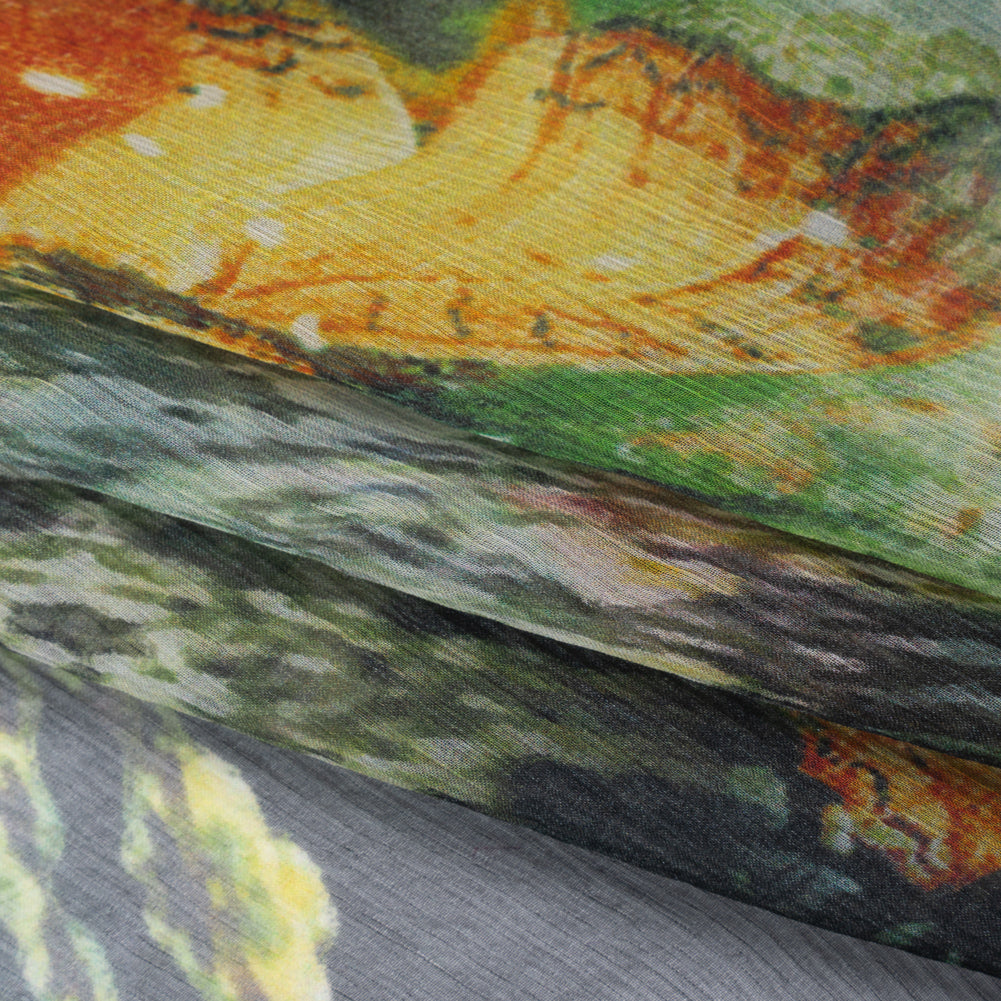 Crinkled Silk Chiffon Print - Dark Green, Yellow and Orange Butterflies and Snakeskin - Deadstock - Folded