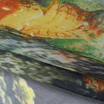 Crinkled Silk Chiffon Print - Dark Green, Yellow and Orange Butterflies and Snakeskin - Deadstock