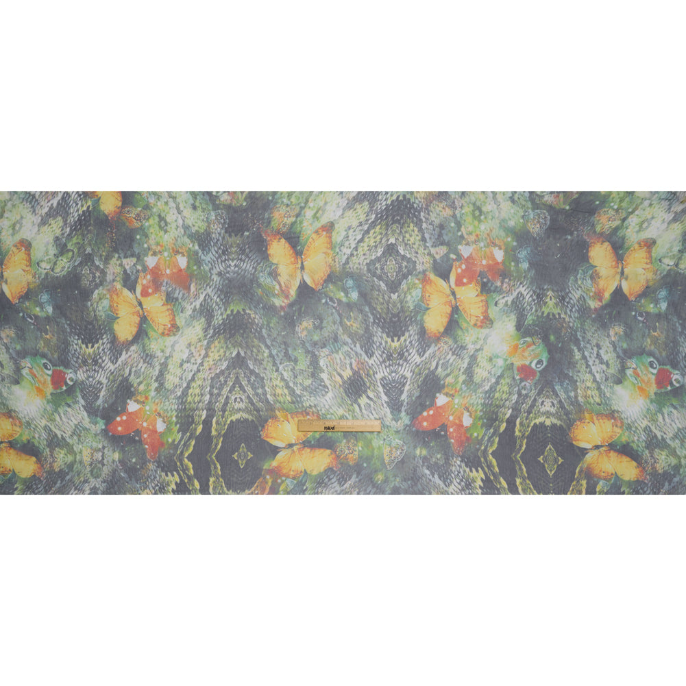 Crinkled Silk Chiffon Print - Dark Green, Yellow and Orange Butterflies and Snakeskin - Deadstock - Full