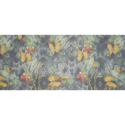 Crinkled Silk Chiffon Print - Dark Green, Yellow and Orange Butterflies and Snakeskin - Deadstock