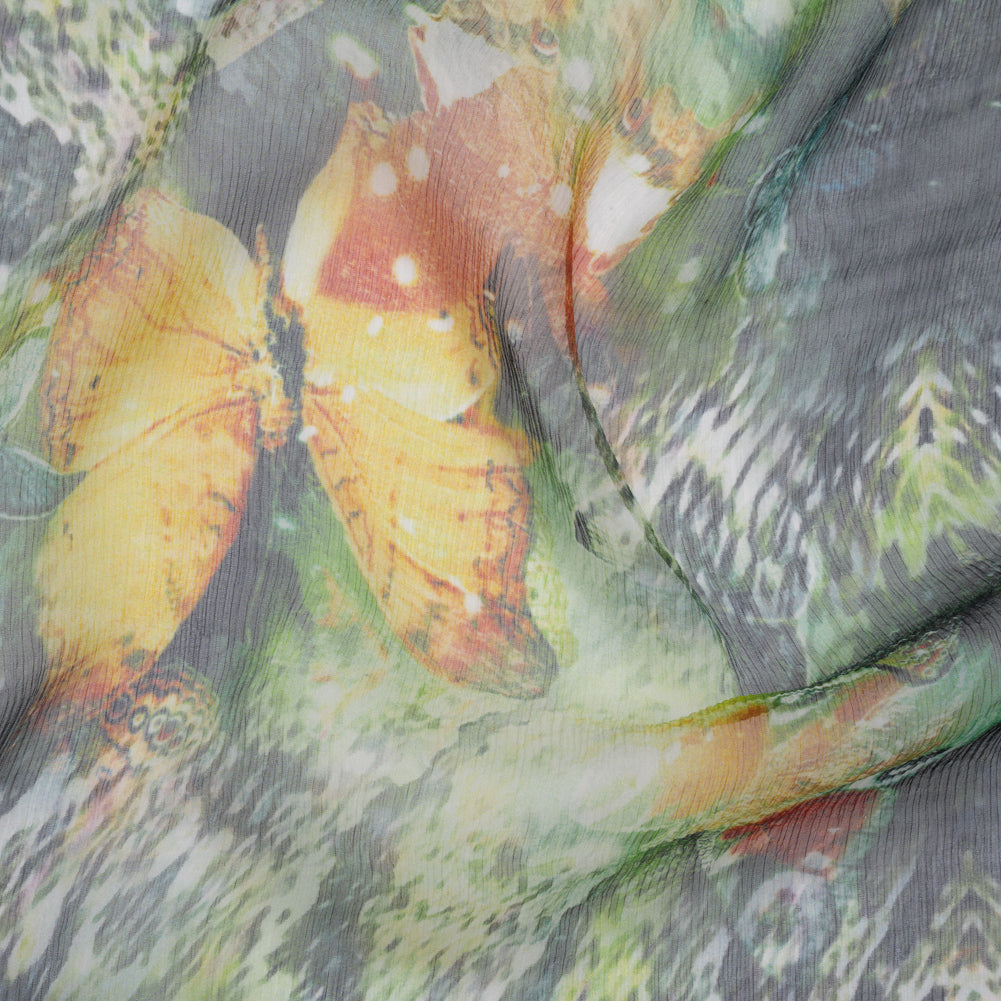 Crinkled Silk Chiffon Print - Dark Green, Yellow and Orange Butterflies and Snakeskin - Deadstock