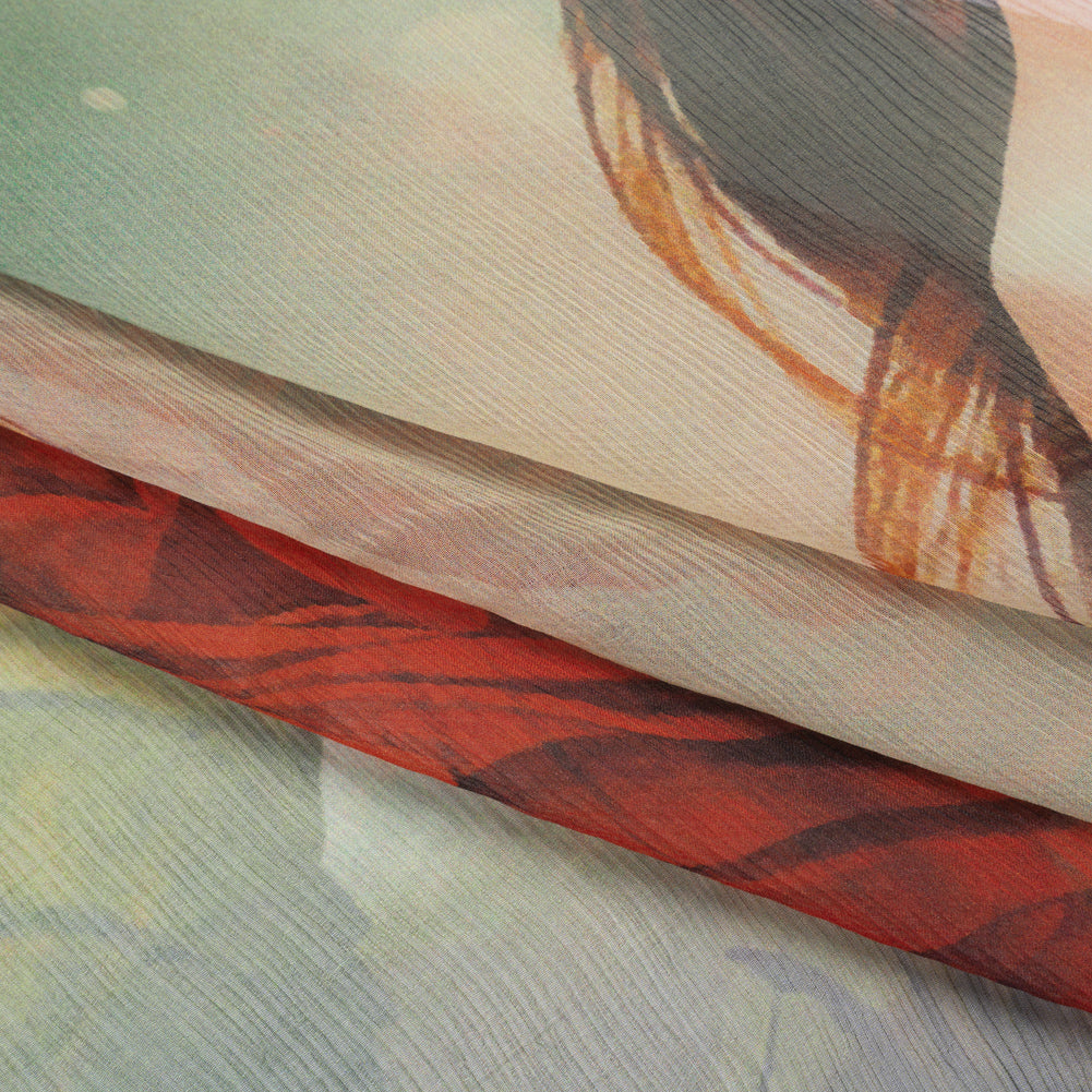 Crinkled Silk Chiffon Panel - Mint, Red and Olive Green Girl in a Rose - Deadstock - Folded