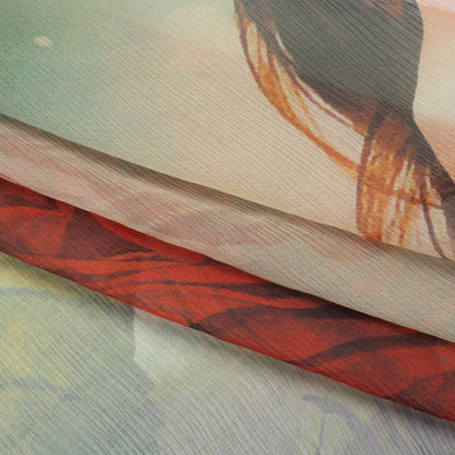 Crinkled Silk Chiffon Panel - Mint, Red and Olive Green Girl in a Rose - Deadstock
