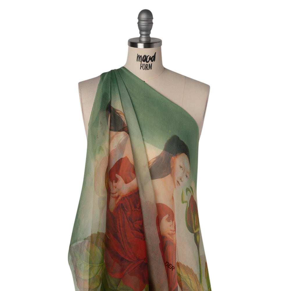 Crinkled Silk Chiffon Panel - Mint, Red and Olive Green Girl in a Rose - Deadstock - Drape