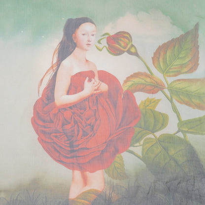 Crinkled Silk Chiffon Panel - Mint, Red and Olive Green Girl in a Rose - Deadstock