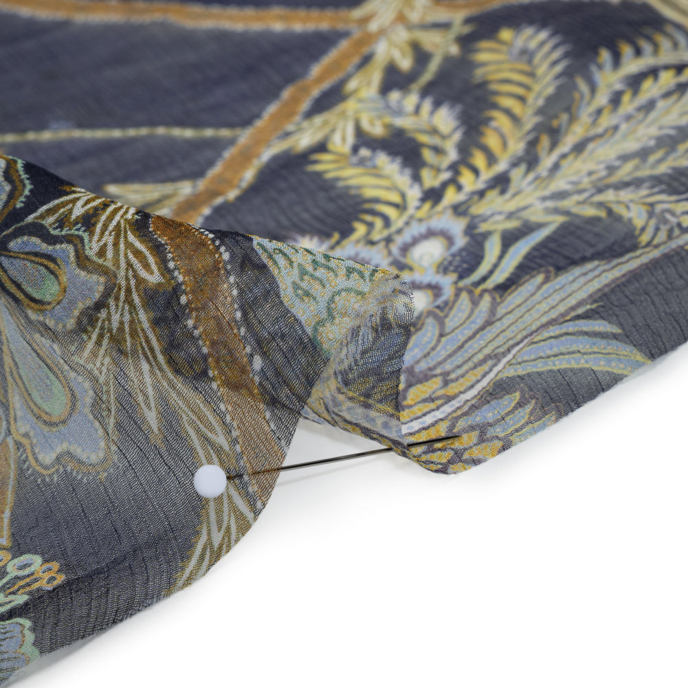 Crinkled Silk Chiffon Print - Navy, Brown and Yellow Classical Floral with Birds - Deadstock
