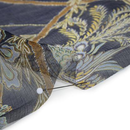 Crinkled Silk Chiffon Print - Navy, Brown and Yellow Classical Floral with Birds - Deadstock