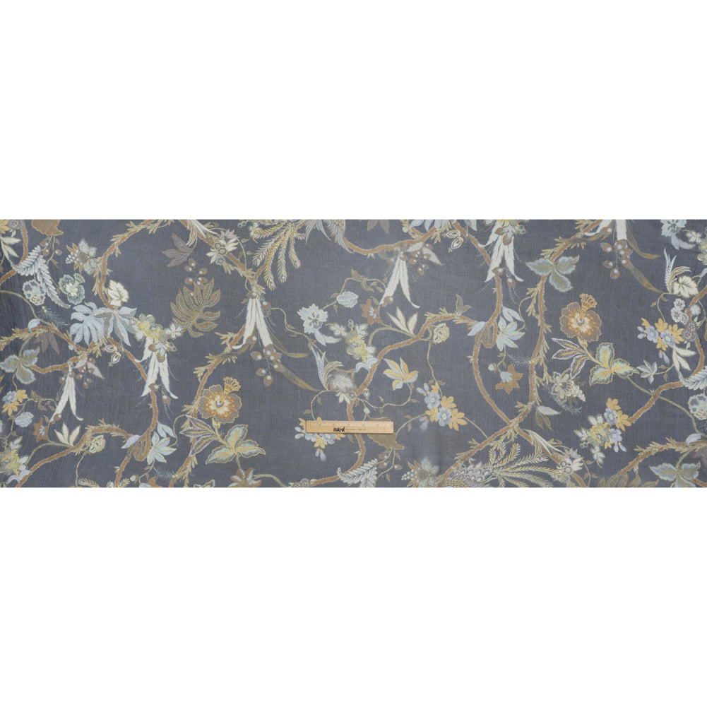 Crinkled Silk Chiffon Print - Navy, Brown and Yellow Classical Floral with Birds - Deadstock