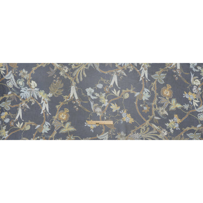 Crinkled Silk Chiffon Print - Navy, Brown and Yellow Classical Floral with Birds - Deadstock