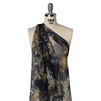 Crinkled Silk Chiffon Print - Navy, Brown and Yellow Classical Floral with Birds - Deadstock