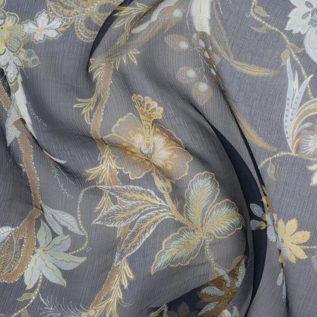 Crinkled Silk Chiffon Print - Navy, Brown and Yellow Classical Floral with Birds - Deadstock