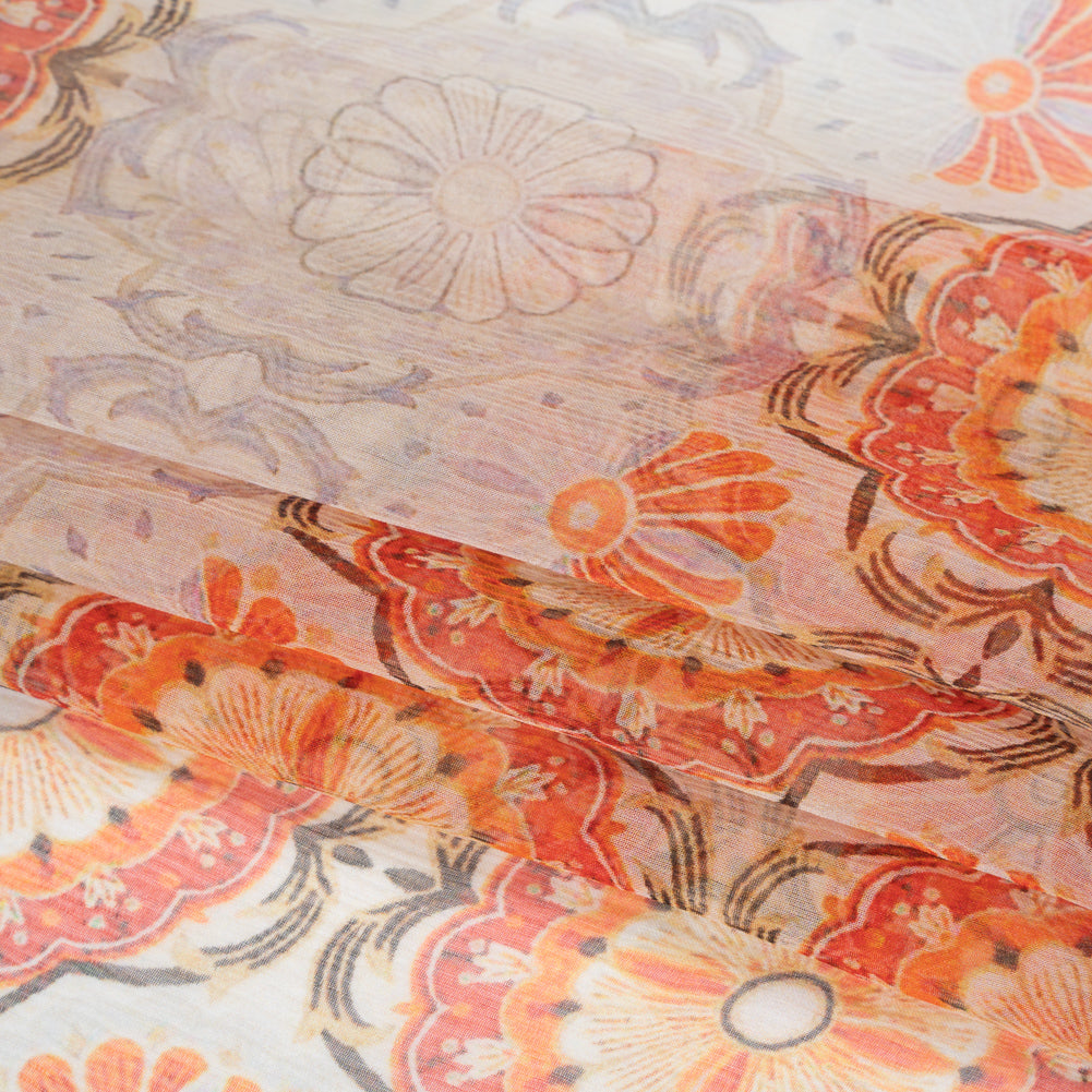 Crinkled Silk Chiffon Print - Orange, Red and Pale Lilac Floral Stripes - Deadstock