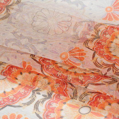 Crinkled Silk Chiffon Print - Orange, Red and Pale Lilac Floral Stripes - Deadstock
