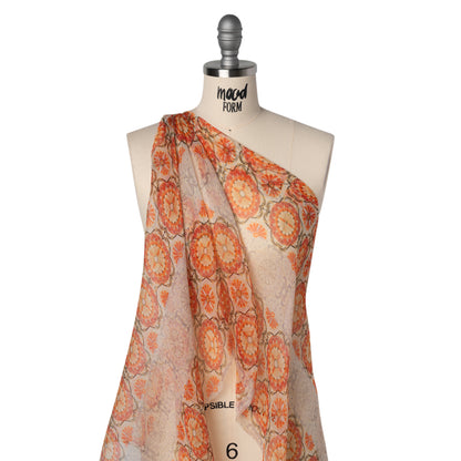 Crinkled Silk Chiffon Print - Orange, Red and Pale Lilac Floral Stripes - Deadstock