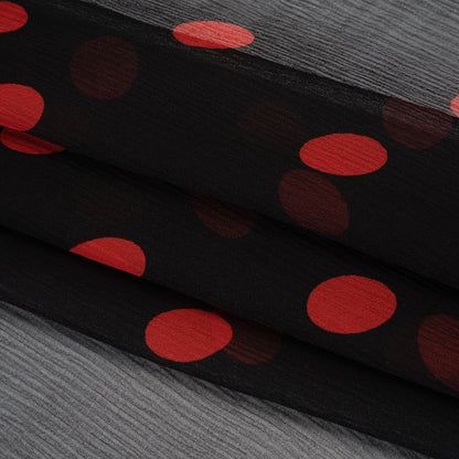 Crinkled Silk Chiffon Print - Black and Red Polka Dots - Deadstock