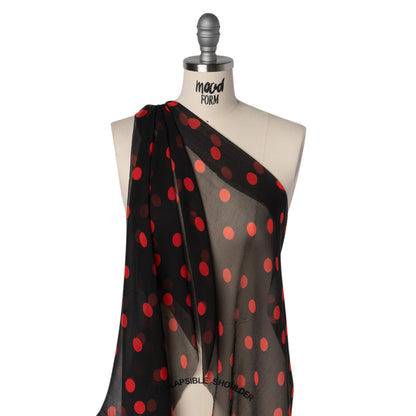 Crinkled Silk Chiffon Print - Black and Red Polka Dots - Deadstock