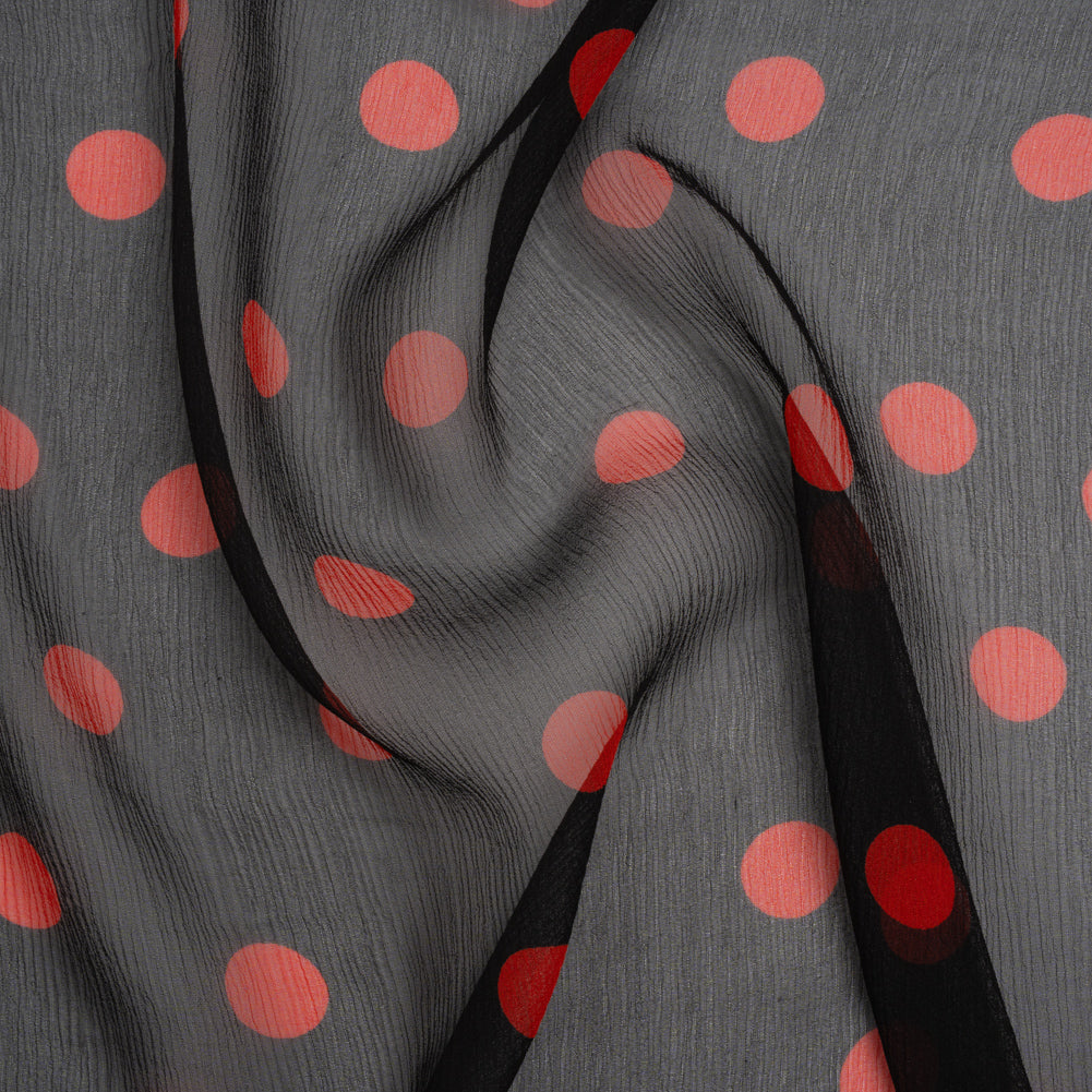 Crinkled Silk Chiffon Print - Black and Red Polka Dots - Deadstock