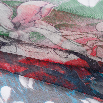 Crinkled Silk Chiffon Print - Gray, Red and Green Lily Floral and Brushstrokes - Deadstock