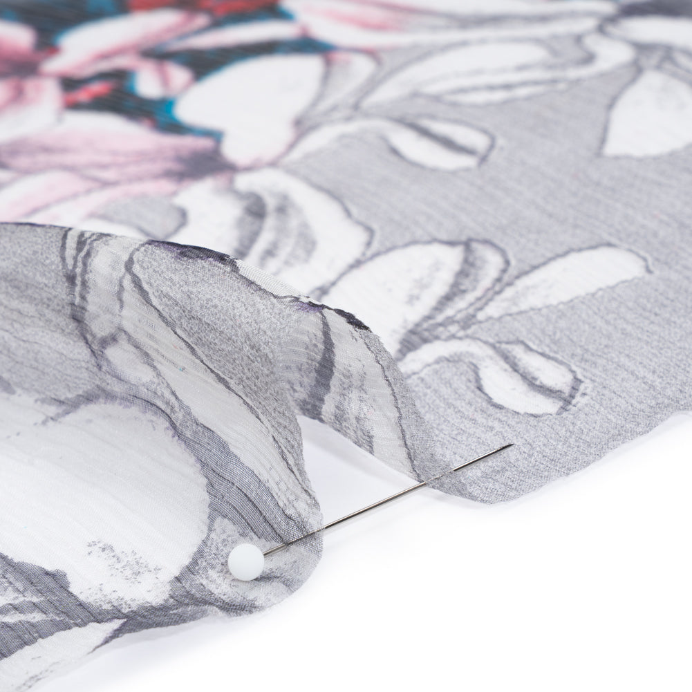 Crinkled Silk Chiffon Print - Gray, Red and Green Lily Floral and Brushstrokes - Deadstock - Detail