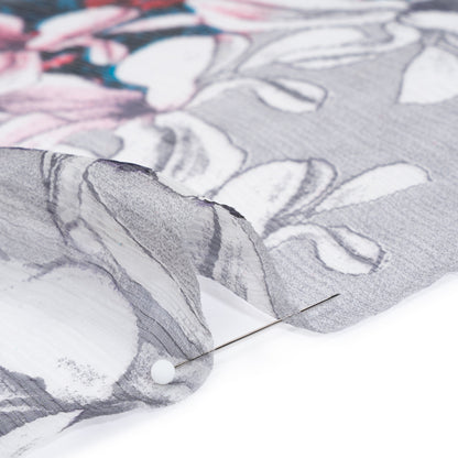 Crinkled Silk Chiffon Print - Gray, Red and Green Lily Floral and Brushstrokes - Deadstock