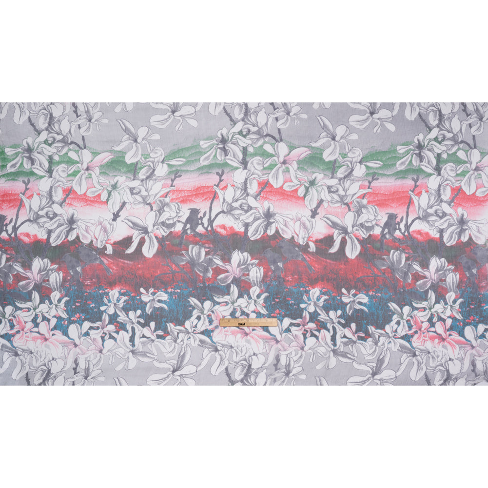 Crinkled Silk Chiffon Print - Gray, Red and Green Lily Floral and Brushstrokes - Deadstock - Full