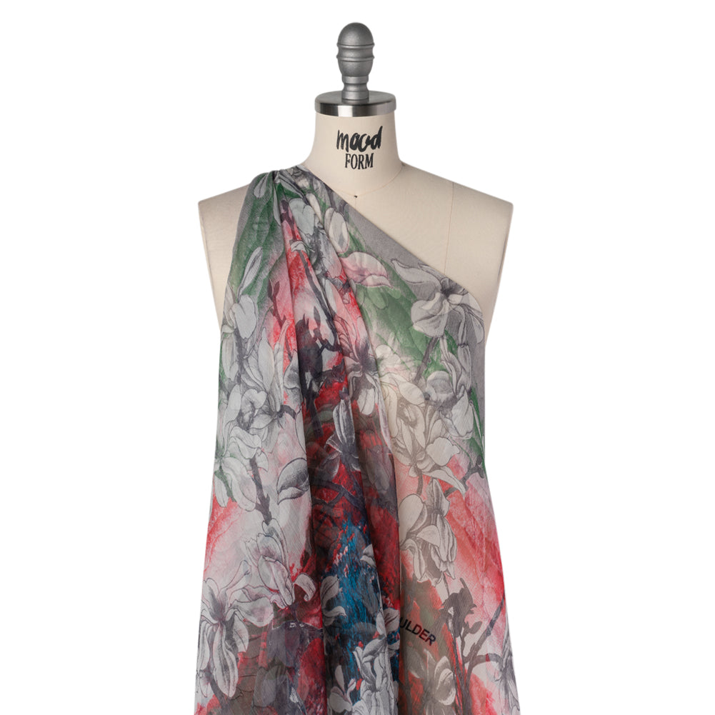 Crinkled Silk Chiffon Print - Gray, Red and Green Lily Floral and Brushstrokes - Deadstock - Drape
