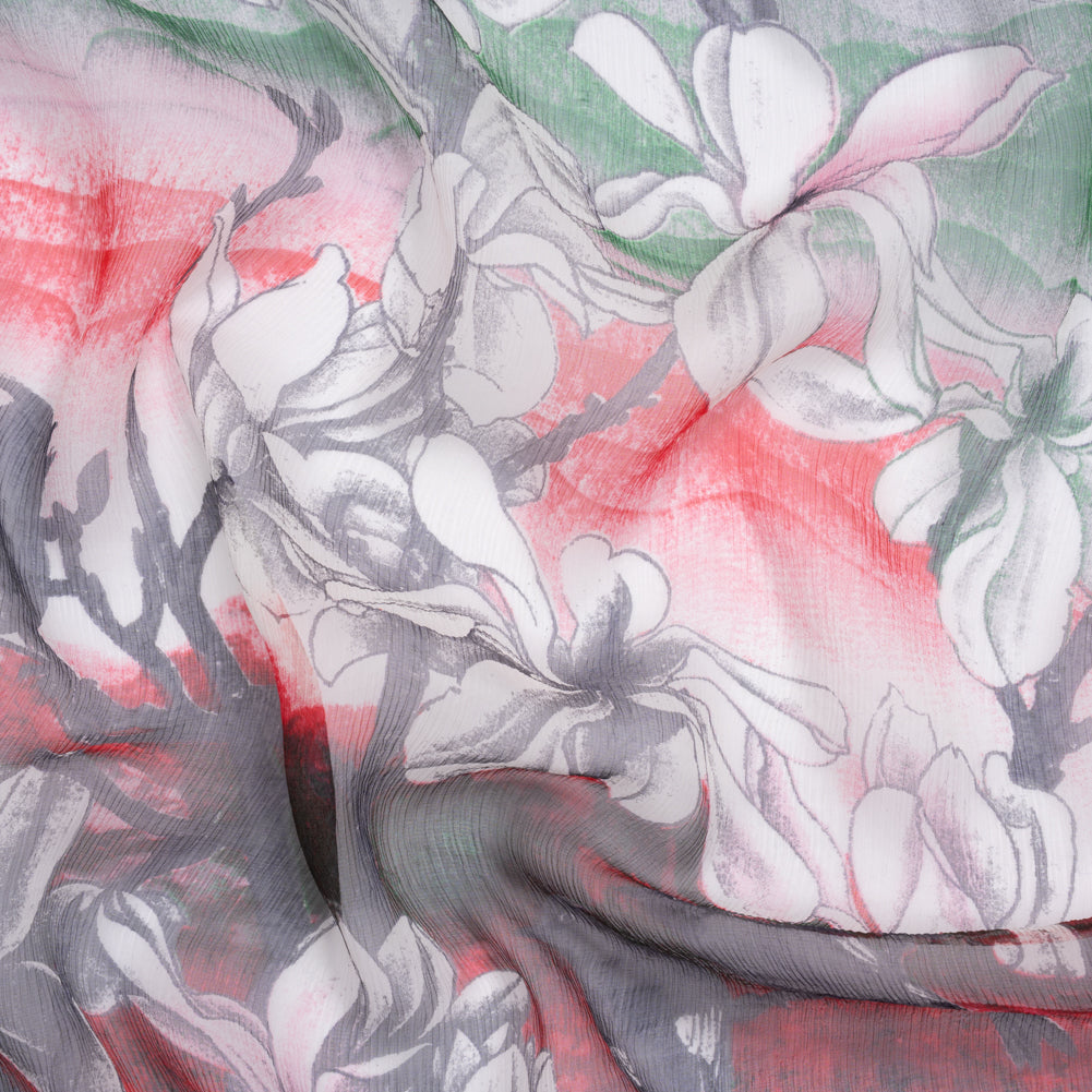 Crinkled Silk Chiffon Print - Gray, Red and Green Lily Floral and Brushstrokes - Deadstock