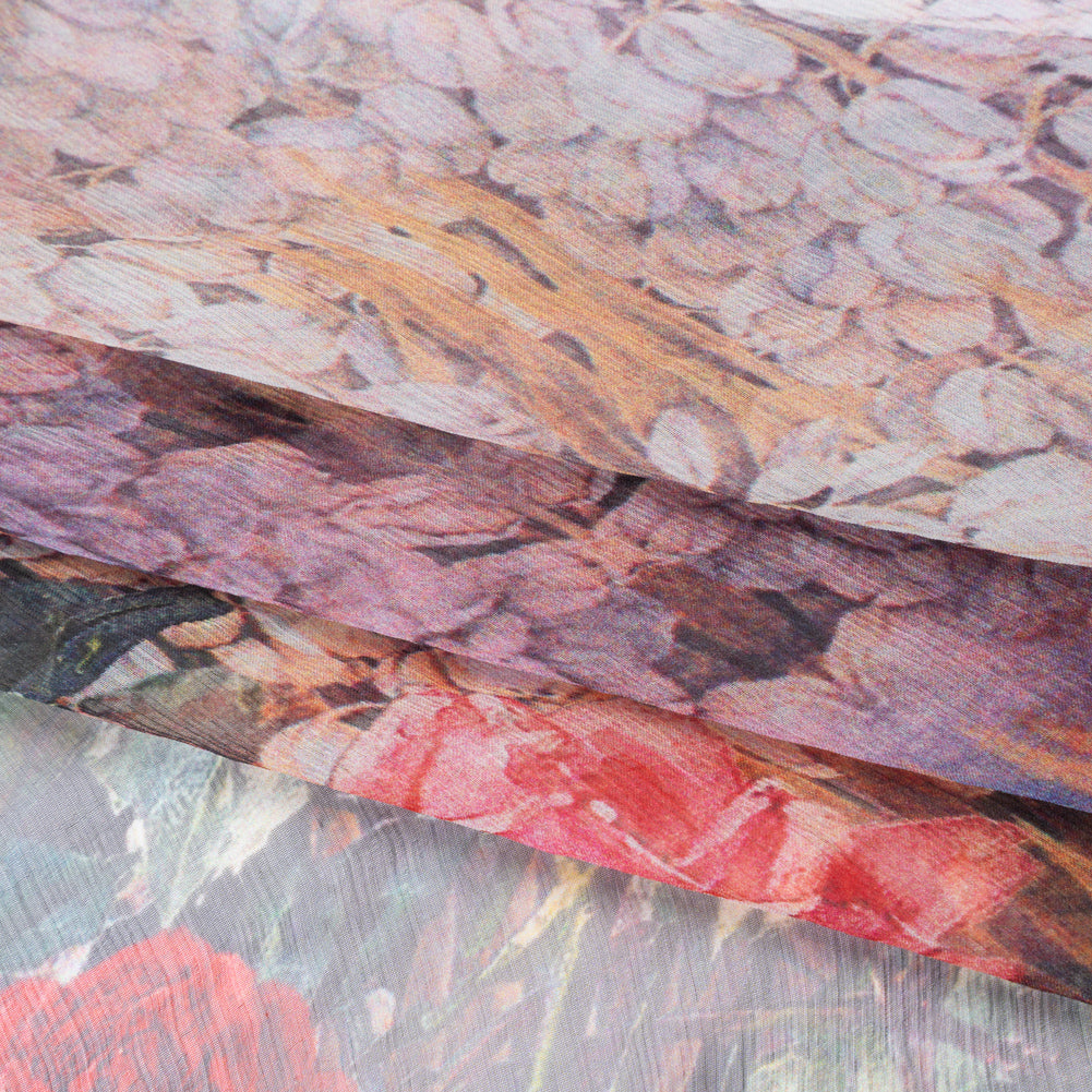 Crinkled Silk Chiffon Panel - Red, Dark Orange and White Floral - Deadstock - Folded