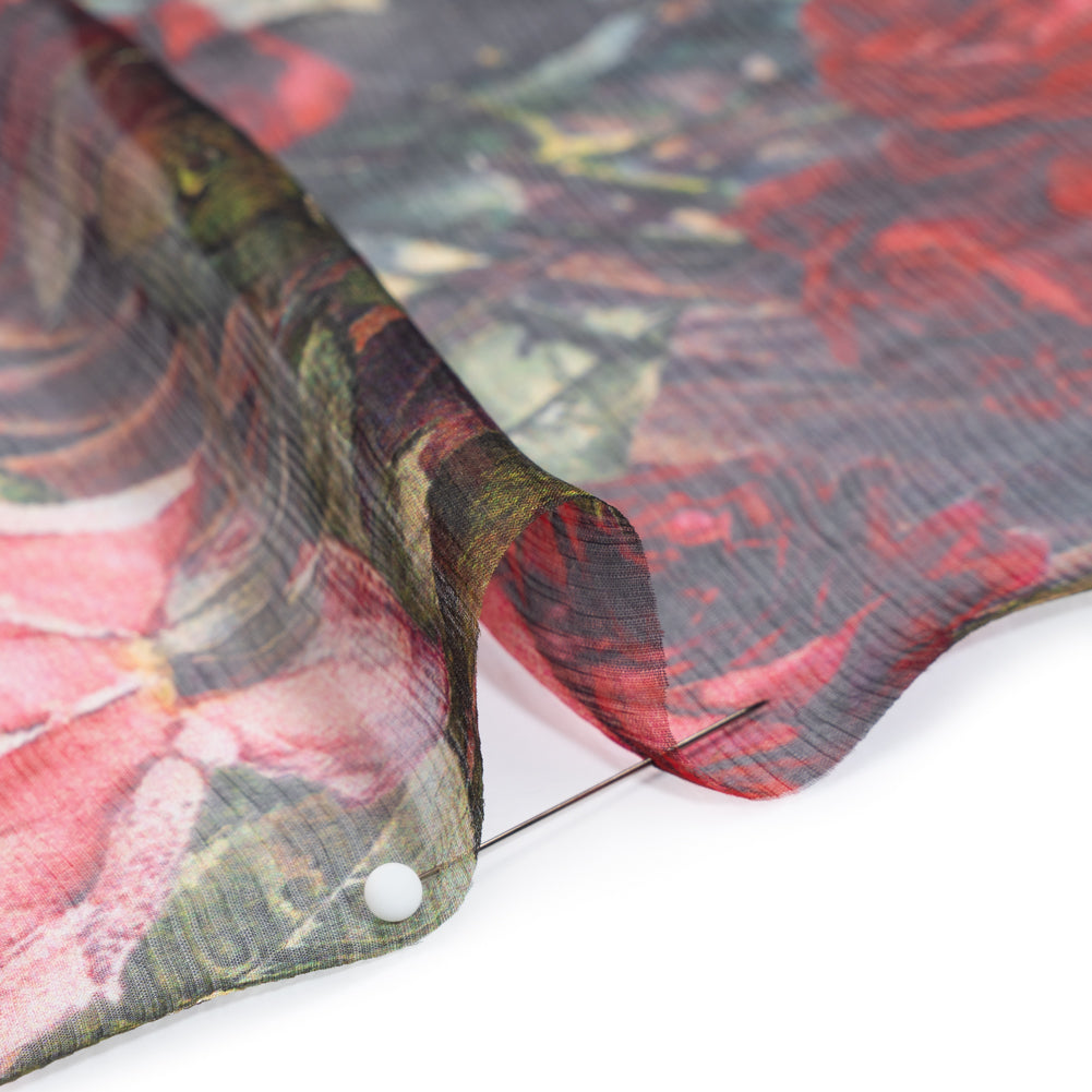 Crinkled Silk Chiffon Panel - Red, Dark Orange and White Floral - Deadstock - Detail