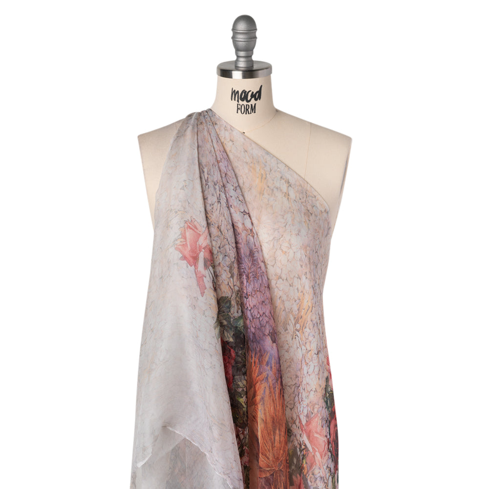 Crinkled Silk Chiffon Panel - Red, Dark Orange and White Floral - Deadstock - Drape