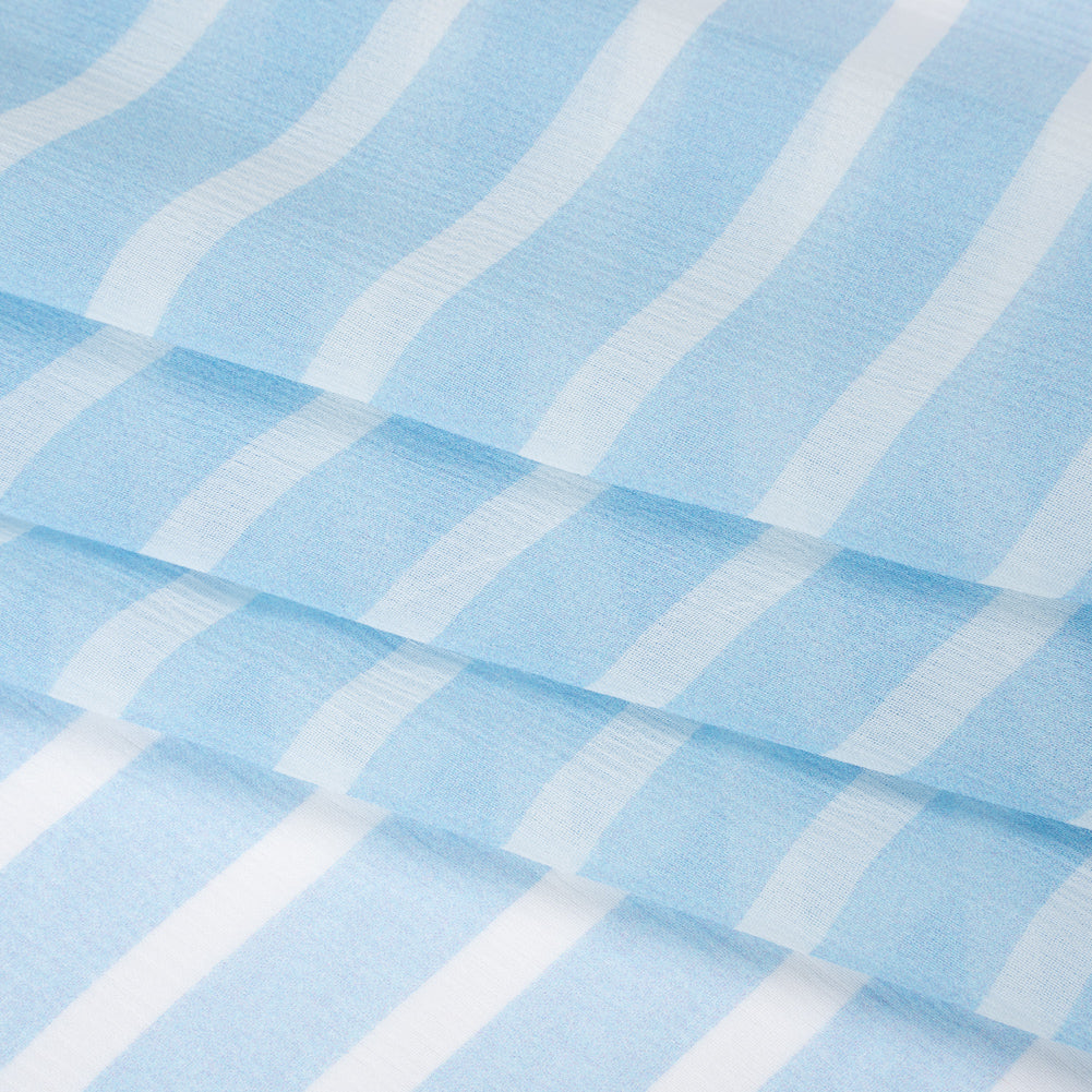 Crinkled Silk Chiffon Print - Sky Blue and White Horizontal Stripes - Deadstock - Folded