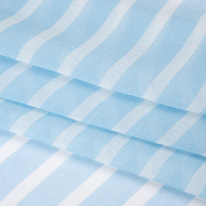 Crinkled Silk Chiffon Print - Sky Blue and White Horizontal Stripes - Deadstock