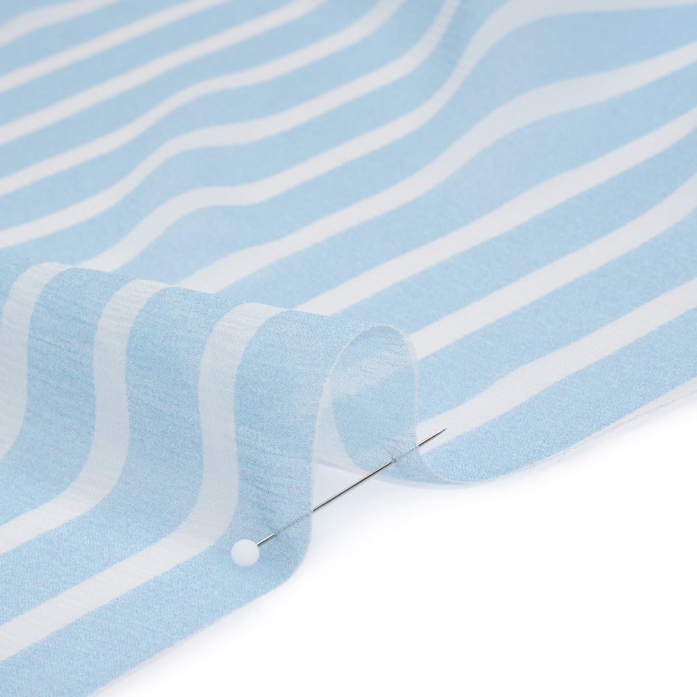 Crinkled Silk Chiffon Print - Sky Blue and White Horizontal Stripes - Deadstock - Detail
