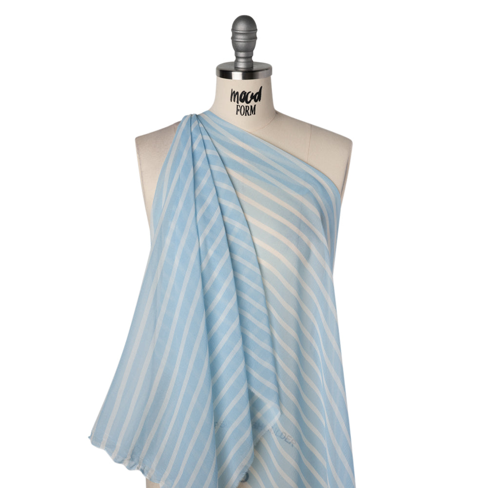 Crinkled Silk Chiffon Print - Sky Blue and White Horizontal Stripes - Deadstock - Drape